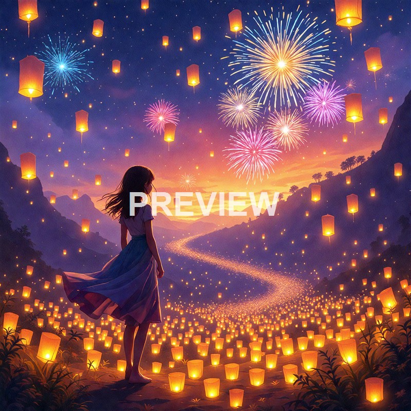 A girl standing on a hillside surrounded by glowing lanterns during a fireworks celebration at sunset, with colorful fireworks illuminating the sky above mountains.